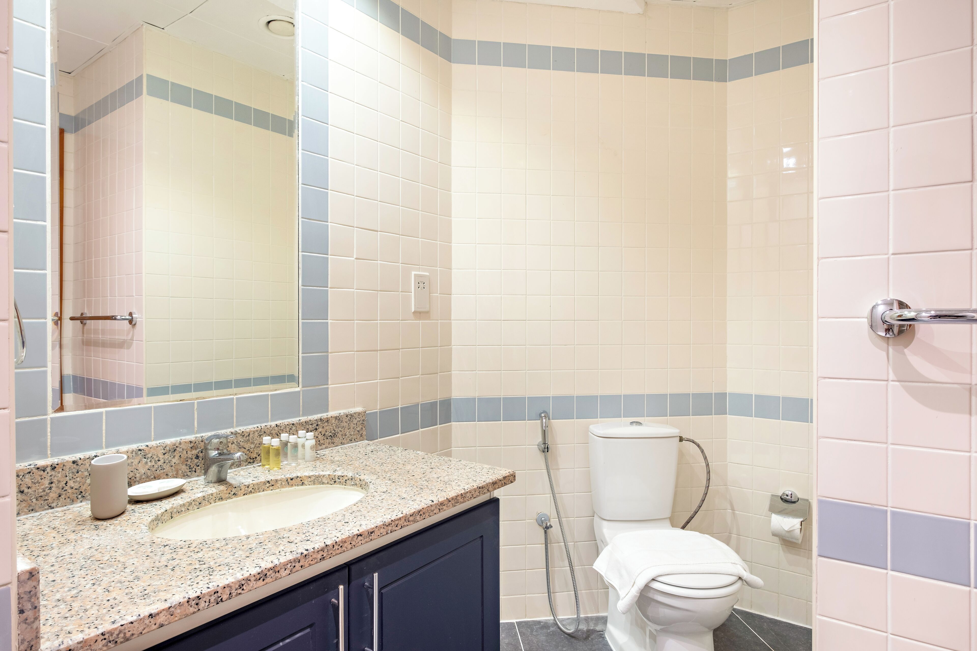 Un baño con lavamanos, espejo, inodoro y ducha.
