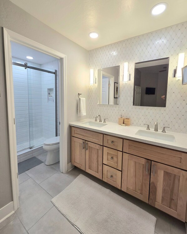 Hair dryer, towels, soap, shampoo