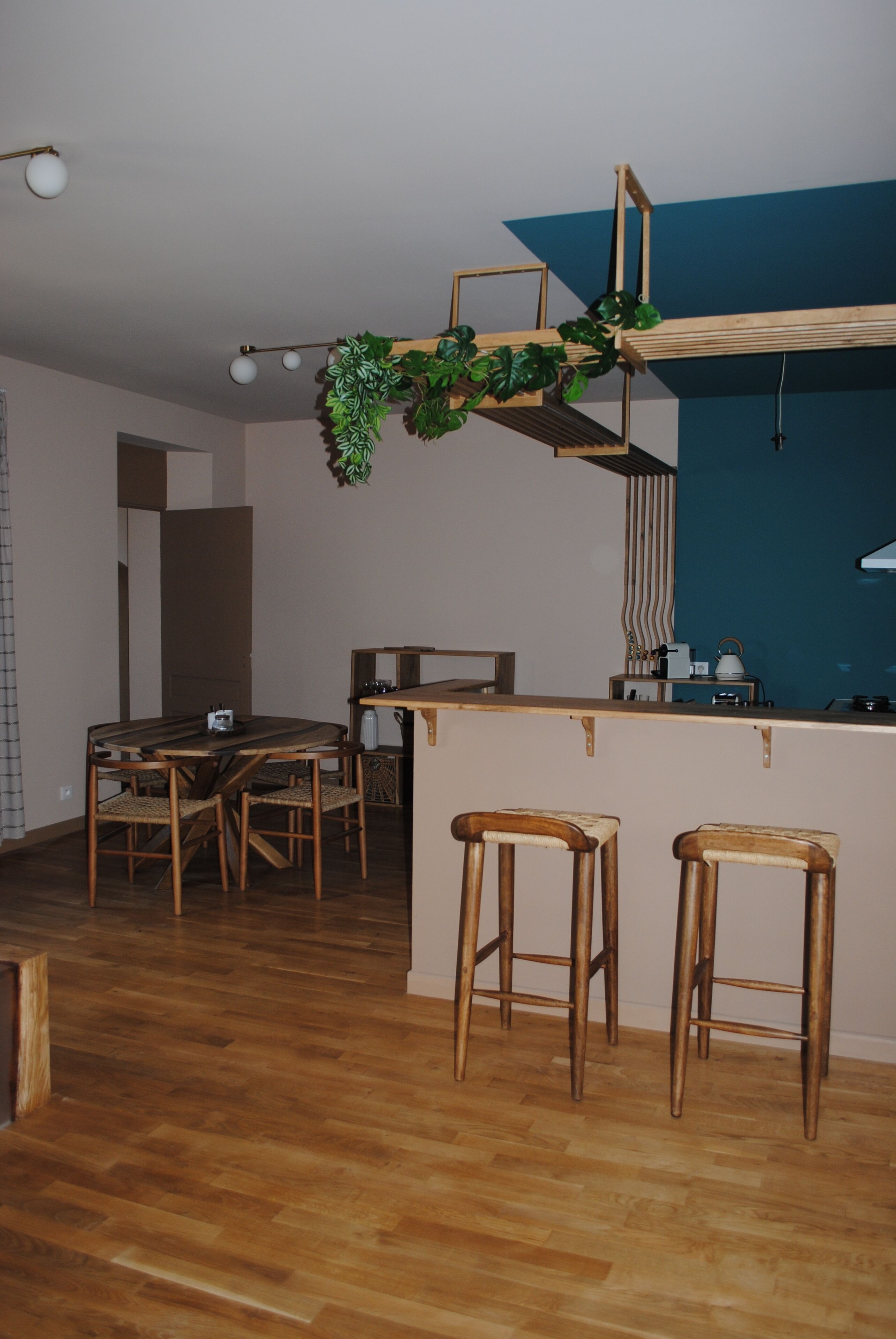 Une cuisine moderne avec des meubles en bois, un coin bar et une plante suspendue.