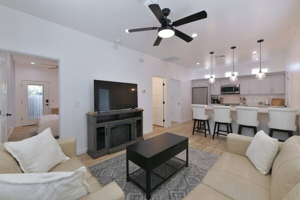 TV, fireplace