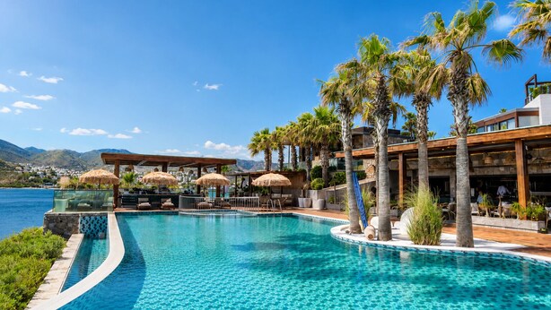 Une piscine à l’eau d’un bleu cristallin, entourée de palmiers et bordée d’une terrasse en bois.