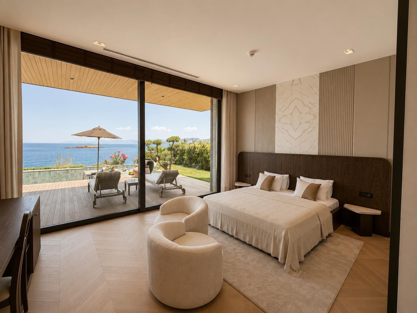 Casa presidencial, patio, vista a la playa | Sábanas de algodón egipcio y ropa de cama de alta calidad 
