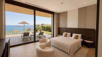 Casa presidencial, patio, vista a la playa | Sábanas de algodón egipcio y ropa de cama de alta calidad