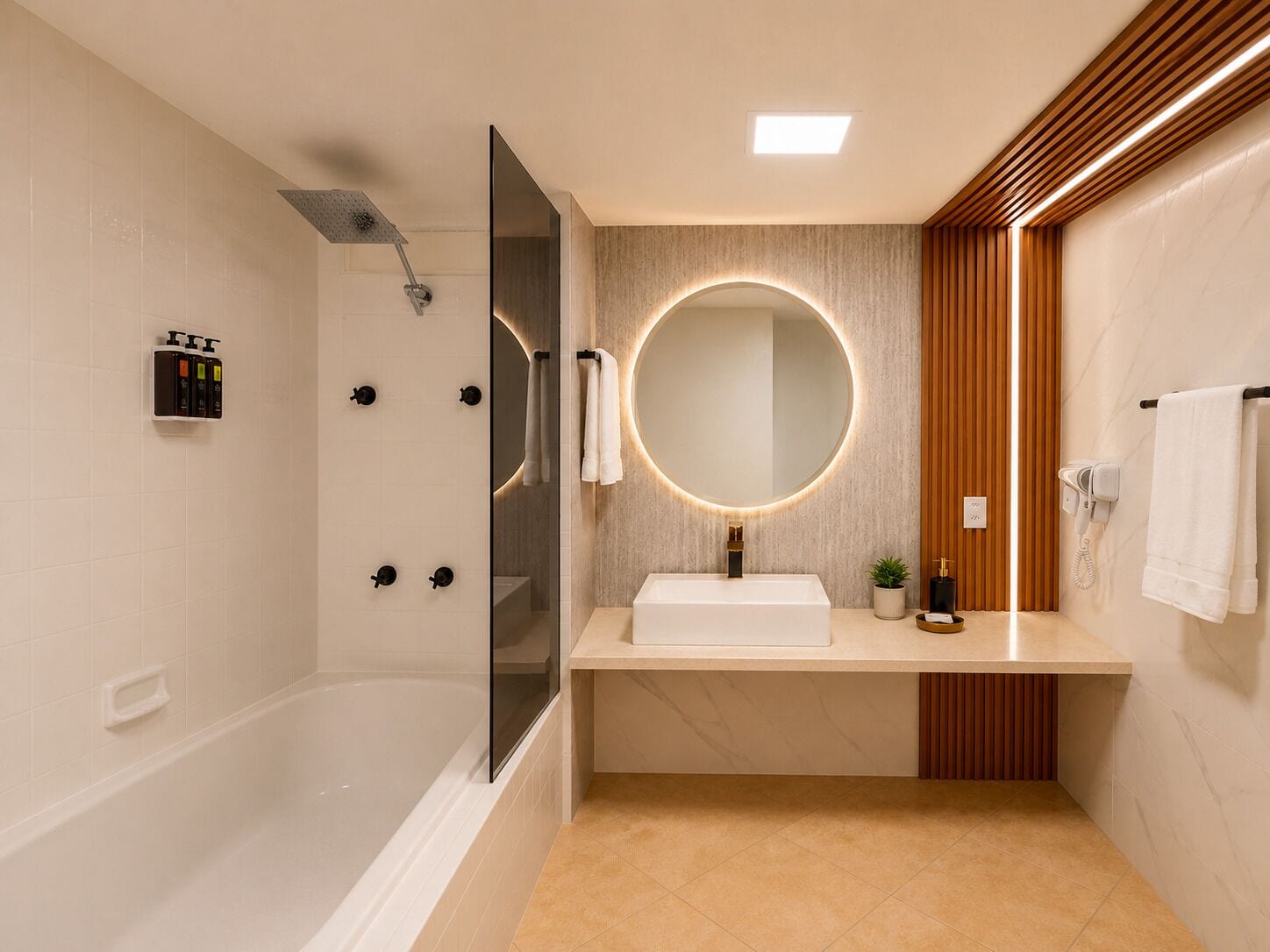 A modern bathroom with a bathtub, a vanity with a mirror, and a shower.