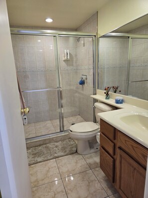 Un baño con ducha, inodoro y tocador.