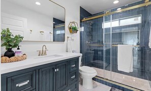 Hair dryer, towels, soap, toilet paper