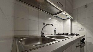 Une cuisine moderne dotée d’éviers en acier inoxydable, d’une cuisinière à gaz et d’un four encastré.