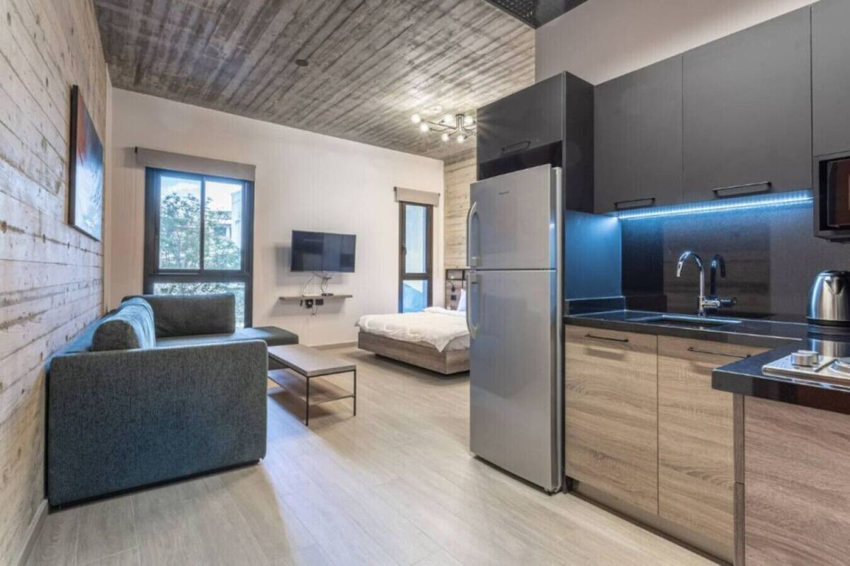 Un apartamento moderno con kitchenette, un sofá, una cama y un televisor.