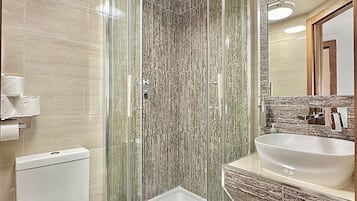 Shower, towels, toilet paper
