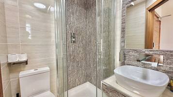 Shower, towels, toilet paper