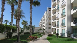 A pathway leading to a multi-story building with balconies, surrounded by palm trees and well-maintained lawns.