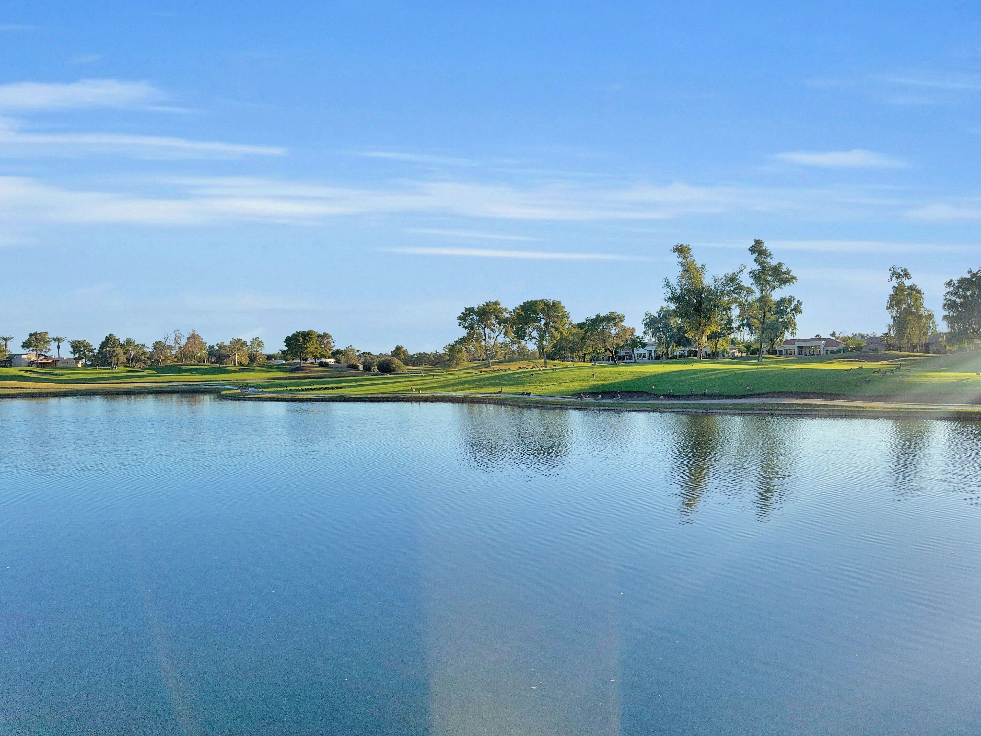 A serene golf course with a calm lake, well-maintained grass, and scattered trees.