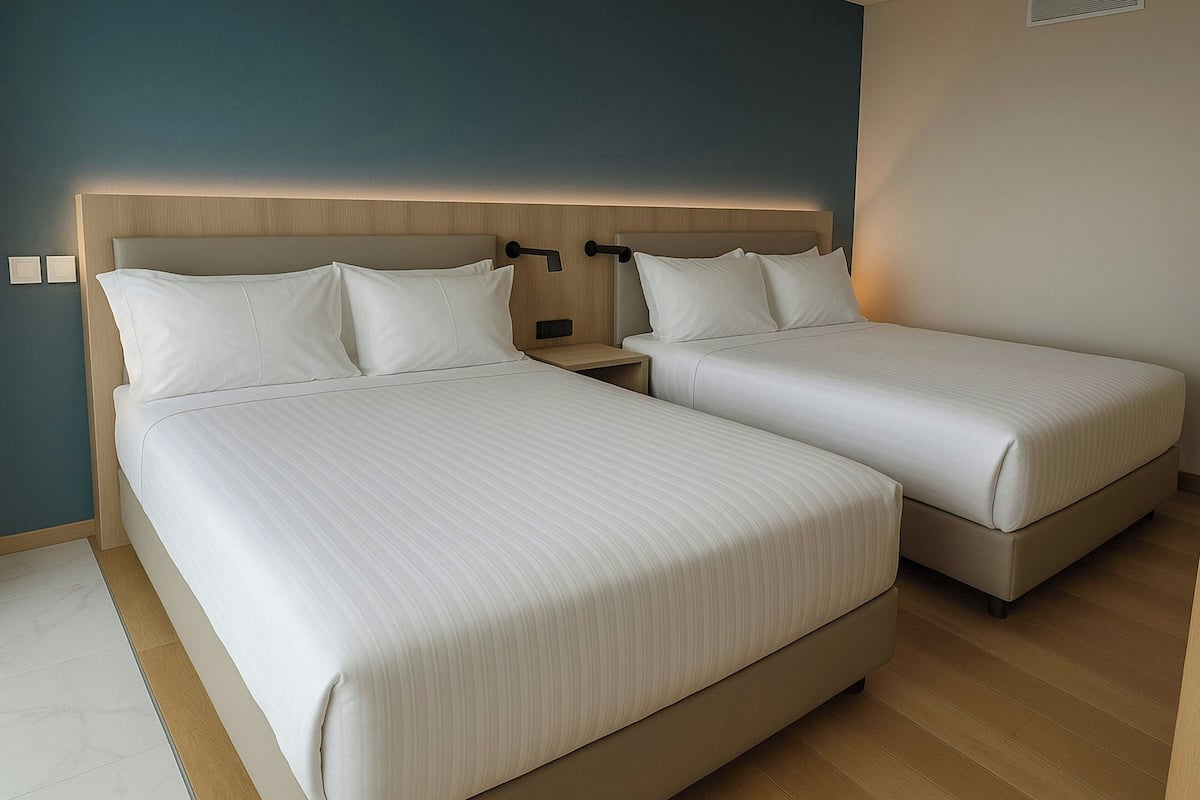 Edredons de pluma, frigobar, cofres nos quartos, cortinas blackout