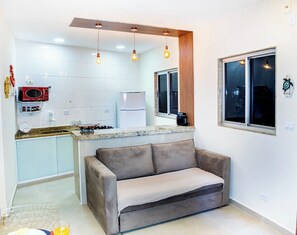 A compact living space with a kitchenette, a sofa, and a window with a view.