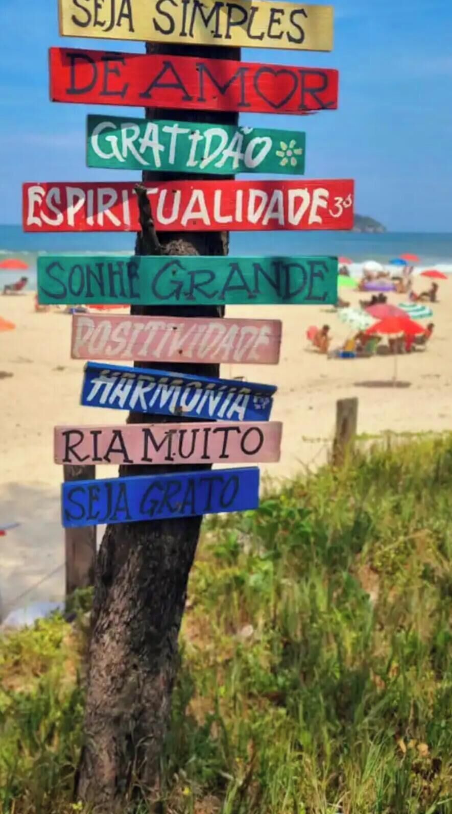 Un cartel con múltiples señales coloridas, cada una con un mensaje diferente, sobre un telón de fondo de playa.