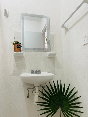 A bathroom with a white sink, a mirror, and a potted plant. - Encantador Depto - Aldea Tulum 2 Rec (Tulum)