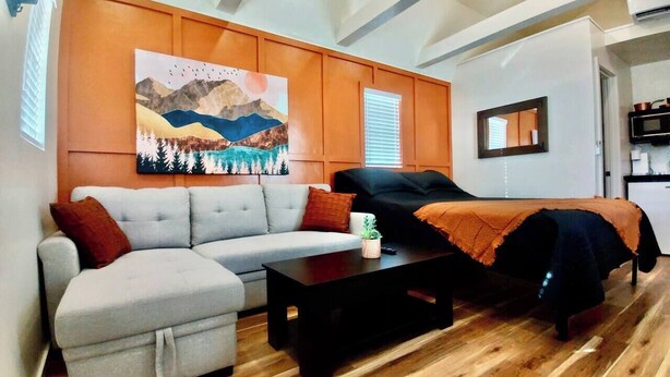 Een moderne woonkamer met een grijze bank, een zwarte bank en een houten salontafel.