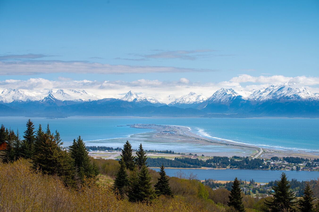A coastal landscape with snow-capped mountains, a bay with a small peninsula, and dense coniferous forest.