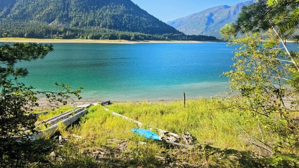 A serene lake surrounded by mountains and dense forest. - Micro cabin with stunning mountain views, close to Arrow lake/pet friendly! (Na)