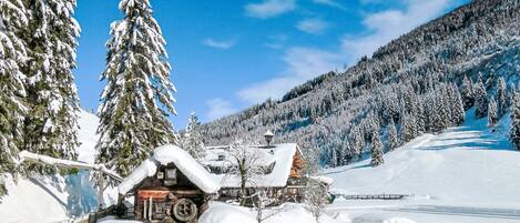 A snow-covered lodge with a wooden exterior, surrounded by snow-laden trees and a mountainous backdrop.