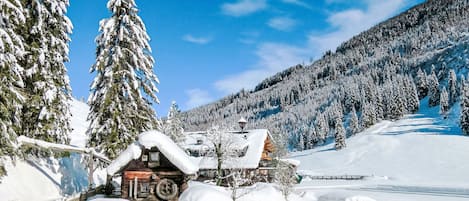 A snow-covered lodge with a wooden exterior, surrounded by snow-laden trees and a mountainous backdrop.