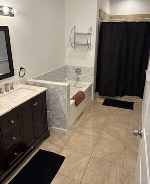 Hair dryer, towels, soap, toilet paper