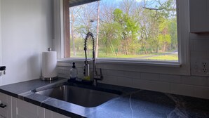 A kitchen with a stainless steel sink, a window with a view of trees, and a roll of paper towels on the counter. - Monkey Island Escape sleeps 8, surrounded by nature with views of Grand Lake. (Monkey Island)