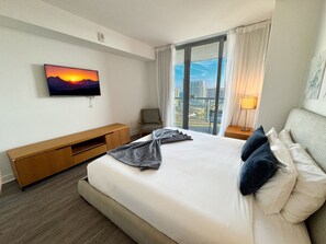 1 bedroom, desk, iron/ironing board, travel cot