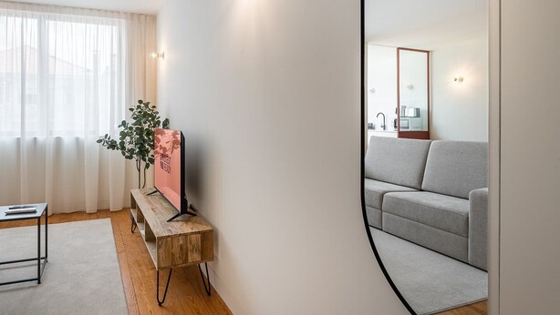 A modern living room with a grey sofa, a wooden side table with a plant, and a large mirror on the wall.