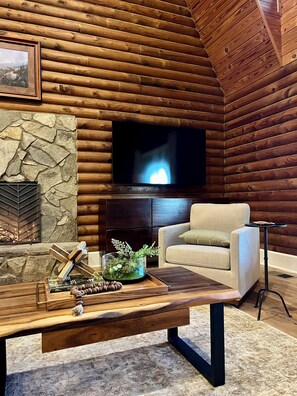 Smart TV, chimenea, reproductor de DVD, libros
