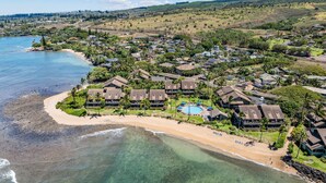 An aerial view of a coastal resort with beachfront villas, a swimming pool, and clear waters.