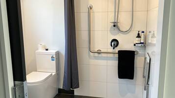 Ducha, secador de pelo, jabón, papel higiénico