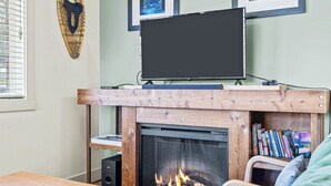 A living room with a fireplace, a flat-screen TV mounted above it, and a bookshelf filled with books.