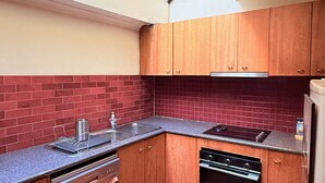 A compact kitchen with wooden cabinets, a built-in dishwasher, and a gas stove.
