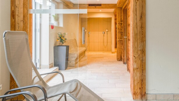 A modern bathroom with a glass shower enclosure, wooden beams, and a seating area with a chair and a plant.