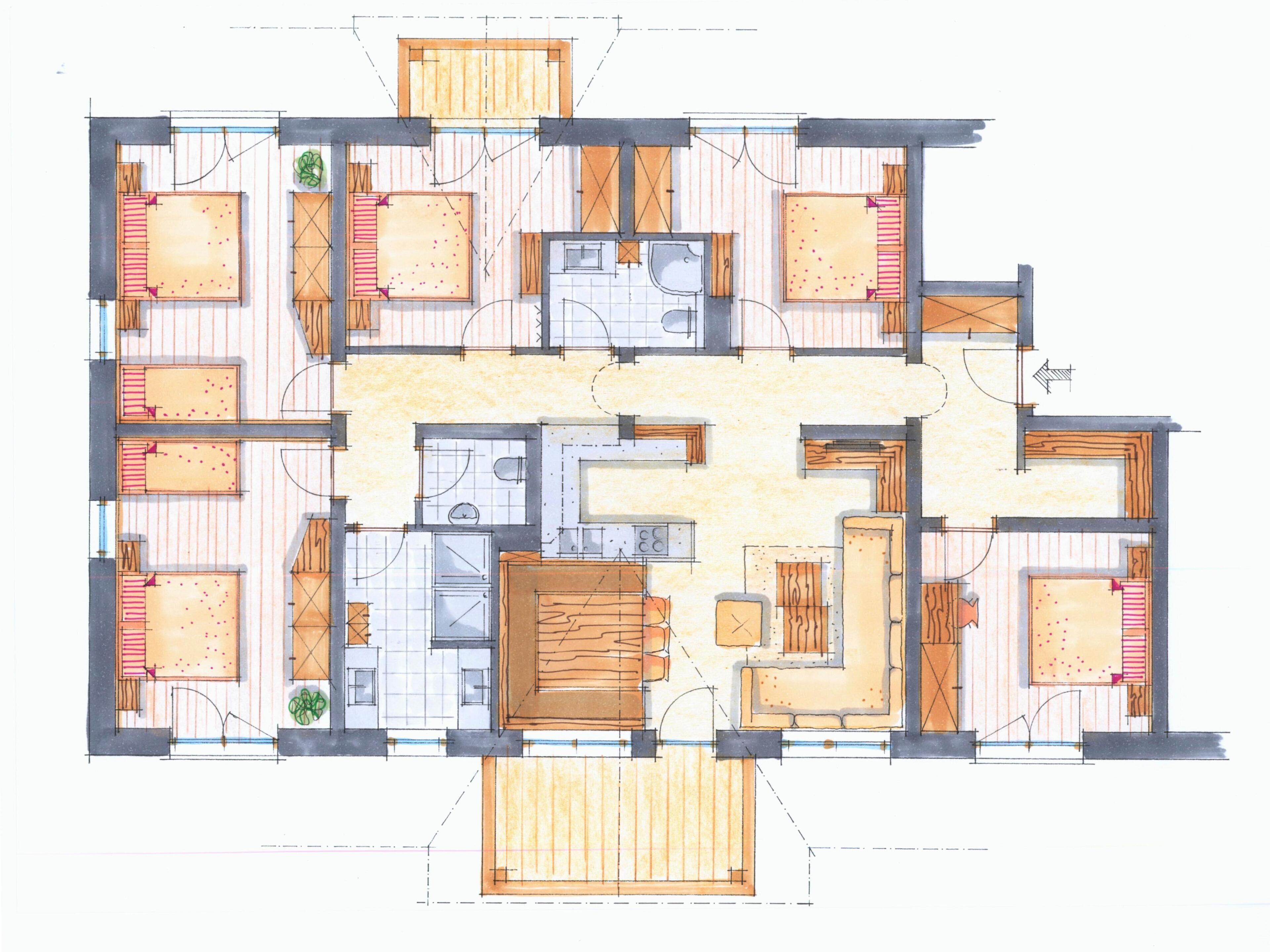 A floor plan of a hotel with multiple rooms, a central lobby, and a dining area.