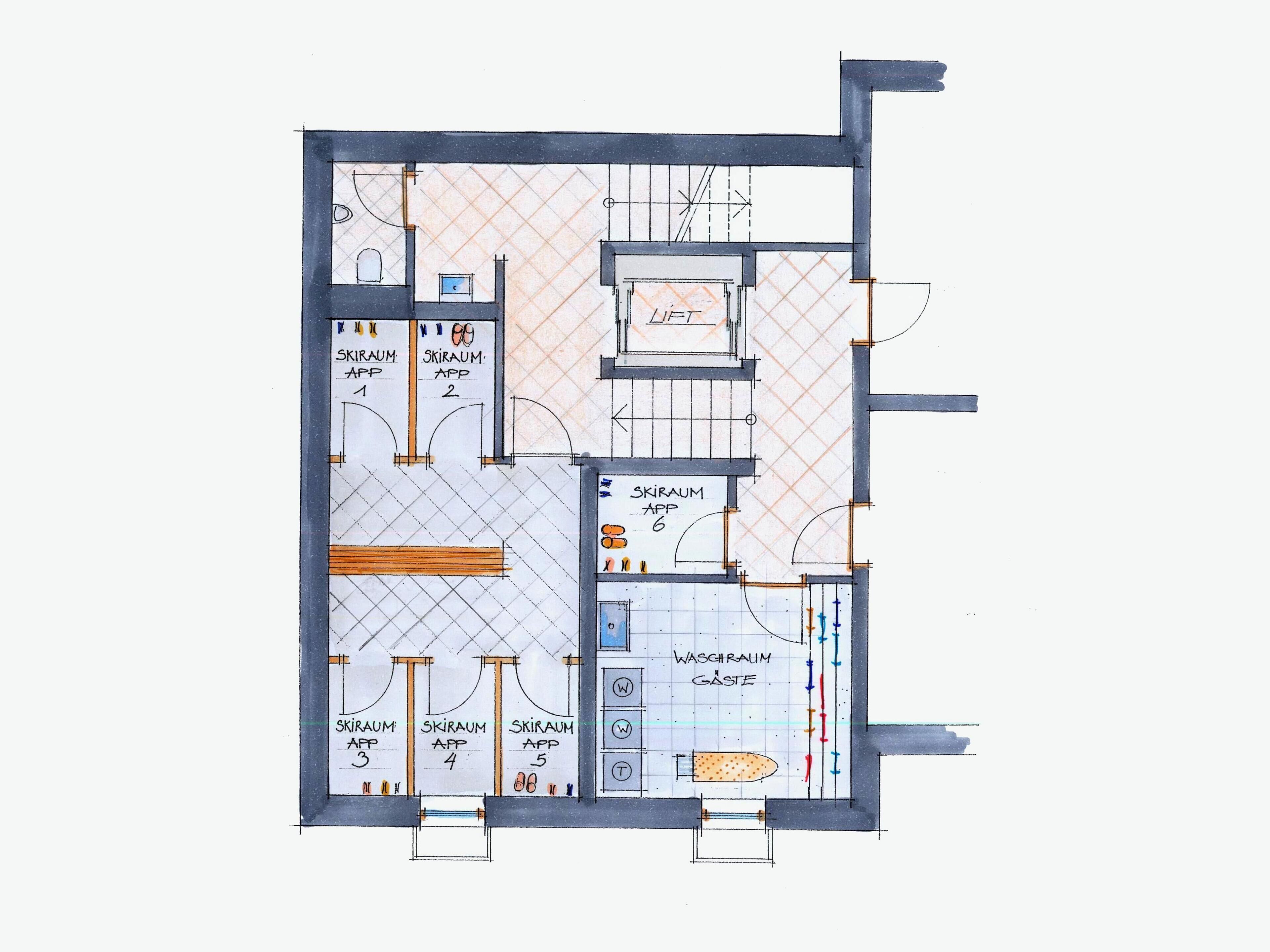 A floor plan with multiple rooms labeled Skiraum App 1 to 6, a W.C., and a washroom.