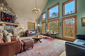 TV, fireplace, books, offices