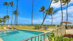 A swimming pool with a view of the ocean, surrounded by palm trees and a fenced area with lounge chairs. - Oceanfront Condo: Stunning Sunrise & Ocean Views (Hauula)
