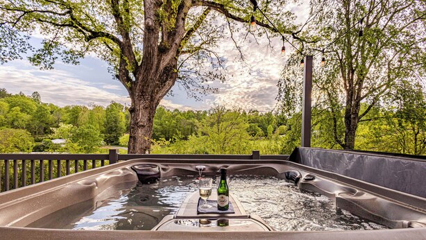 Ein Whirlpool mit einer Bierflasche und einem Glas, umgeben von üppiger Vegetation und Bäumen.