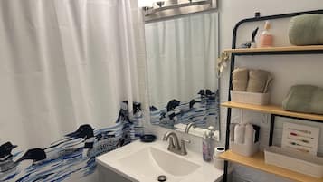 Hair dryer, bidet, towels, soap