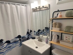 Hair dryer, bidet, towels, soap