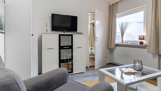 Uma sala de estar moderna com uma TV de tela plana, uma mesa de centro de vidro, um sofá e um closet espaçoso.