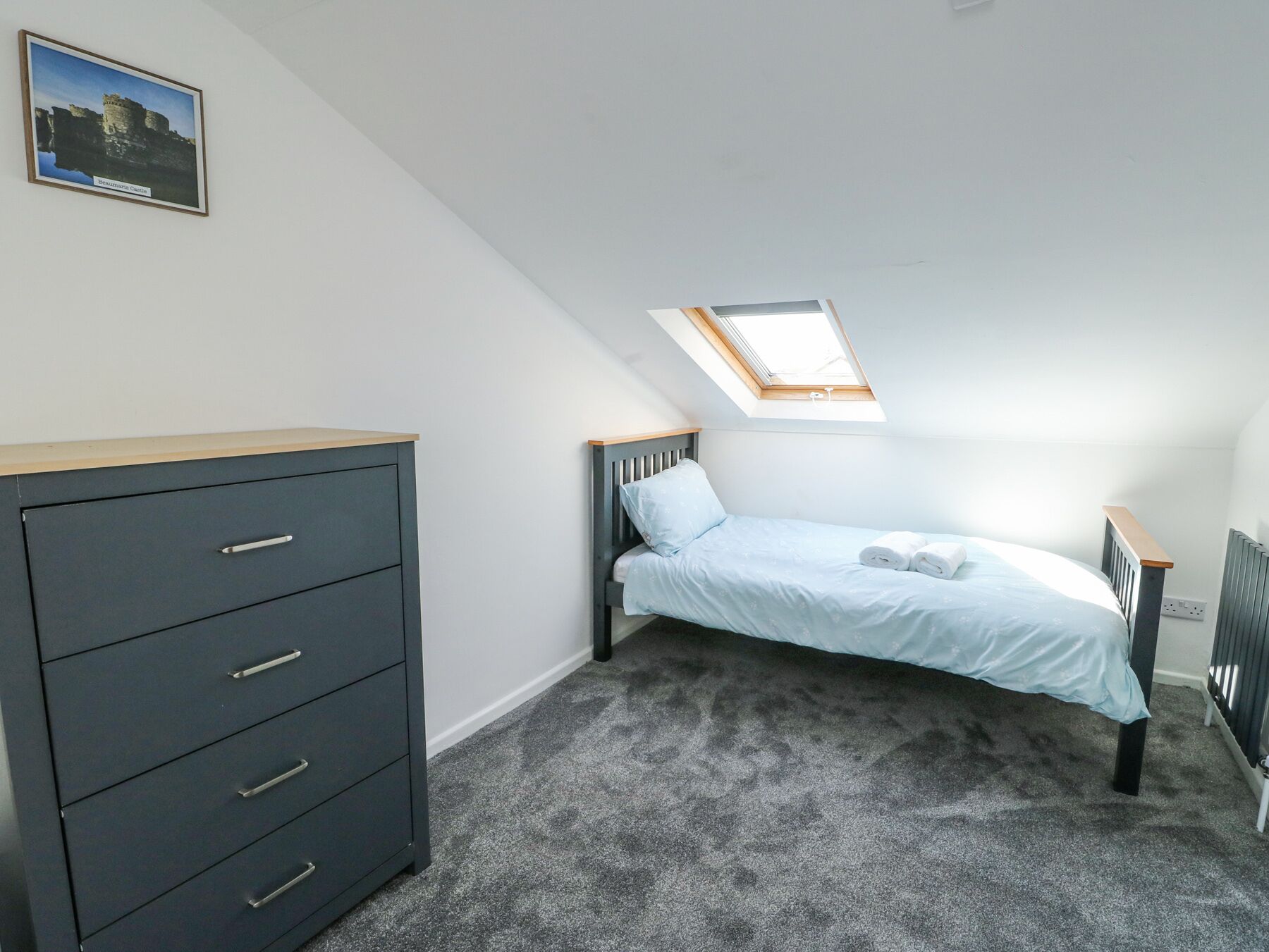 A bedroom with a bed, a dresser, a skylight, and a radiator.