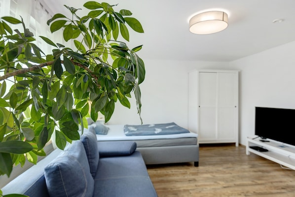 Ein modernes Wohnzimmer mit einer Couch, einem Fernseher und einer Pflanze.