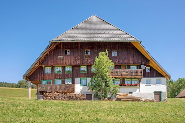 Une grande maison en bois avec un balcon, un petit arbre devant et une pile de bois de chauffage.