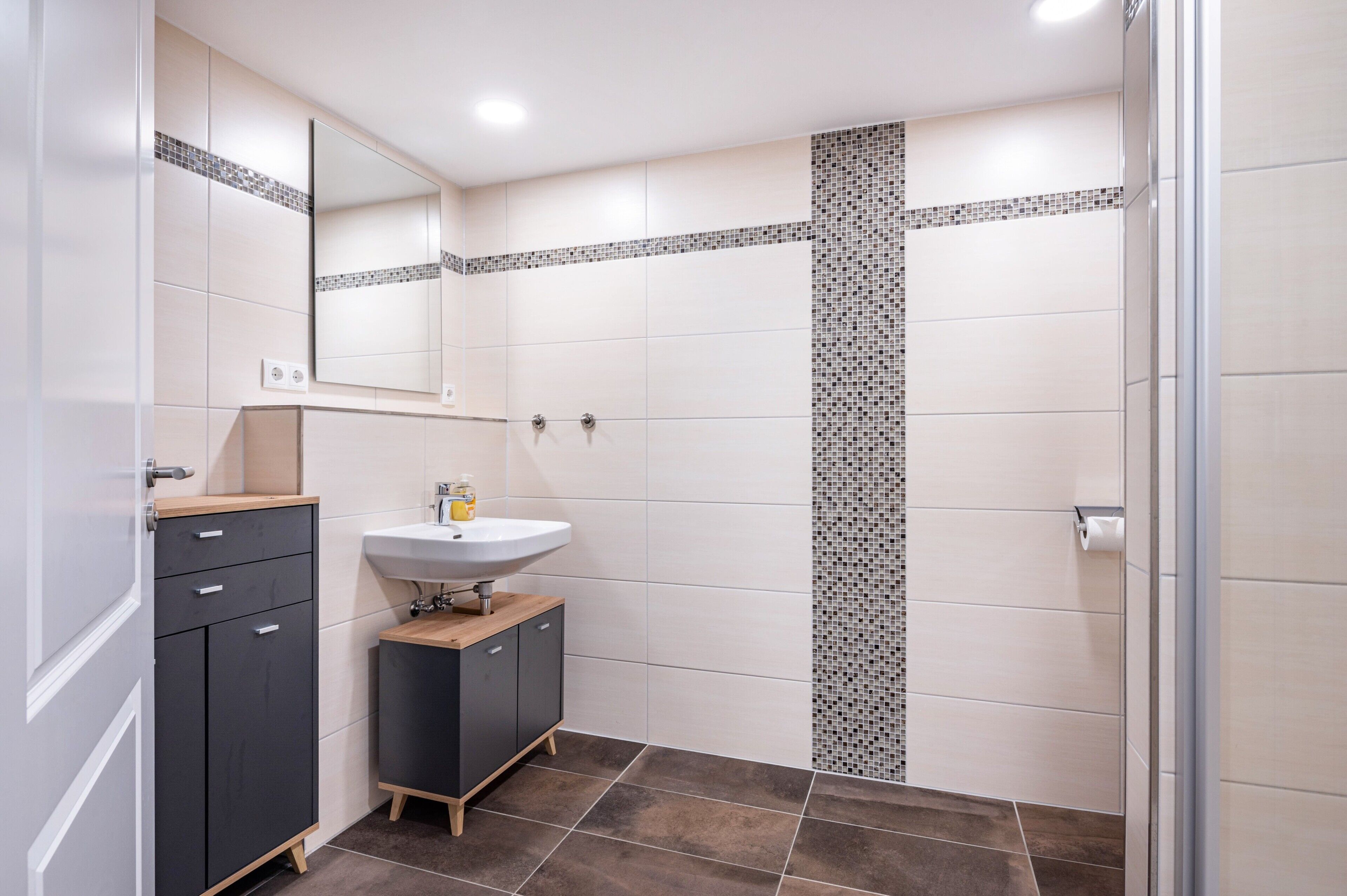 Une salle de bain équipée d’un lavabo, d’un miroir, de placards et d’un espace douche.