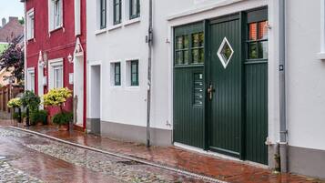 Eine Straße mit Gebäuden, einem Kopfsteinpflasterweg und einer grünen Tür.
