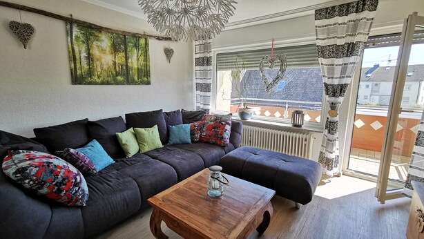 A living room with a sectional sofa, a wooden coffee table, a decorative ceiling light, a view of the outside, and a radiator.
