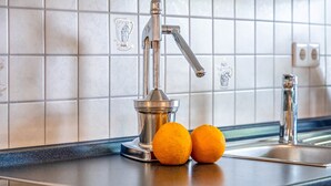 A kitchen with a stainless steel faucet, a spice rack, and two oranges on the counter. - Apartment 'Ferienwohnung Uli Schätzle' with Mountain View, Private Terrace and Wi-Fi (Hornberg)